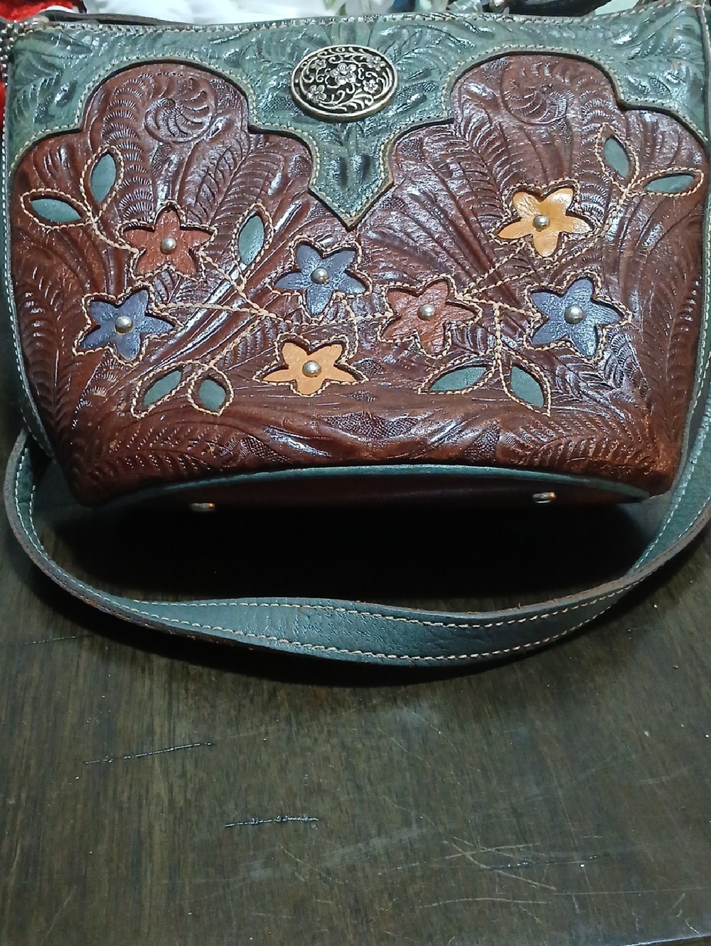 American West Leather Floral Embossed Crossbody Bag in Brown and Teal